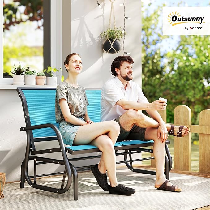 Outsunny 2-Person Outdoor Glider Bench, Patio Double Swing Rocking Chair Loveseat w/Powder Coated Steel Frame for Backyard Garden Porch, Blue