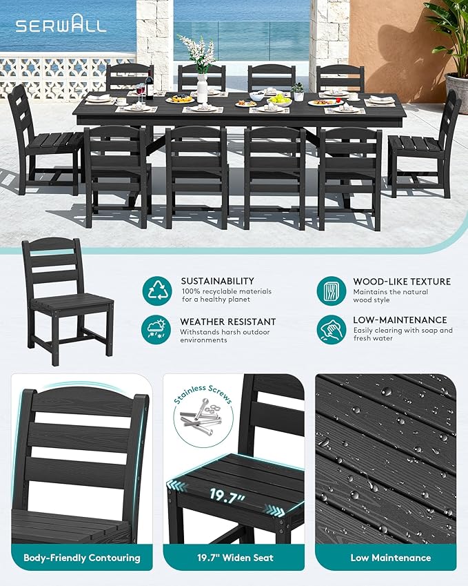 SERWALL Outdoor Dining Chairs Set of 4, All-Weather HDPE Patio Chair with 19.7" Widened Seat, for Backyard, Garden, Black