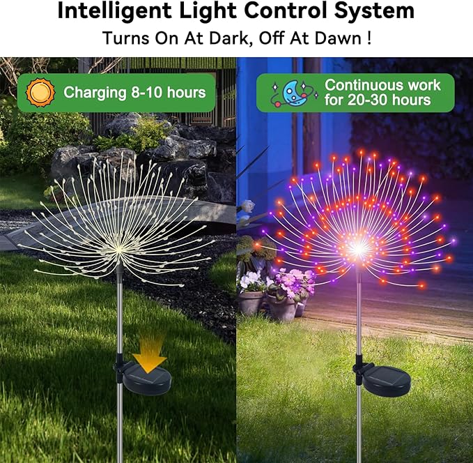 Solar Garden Lights Outdoor Waterproof, 2 Pack 120 LED Solar Firework Lights Decorative Garden Décor Outside for Flowerbed Pathway Party Halloween Christmas Decorations, Purple + Orange