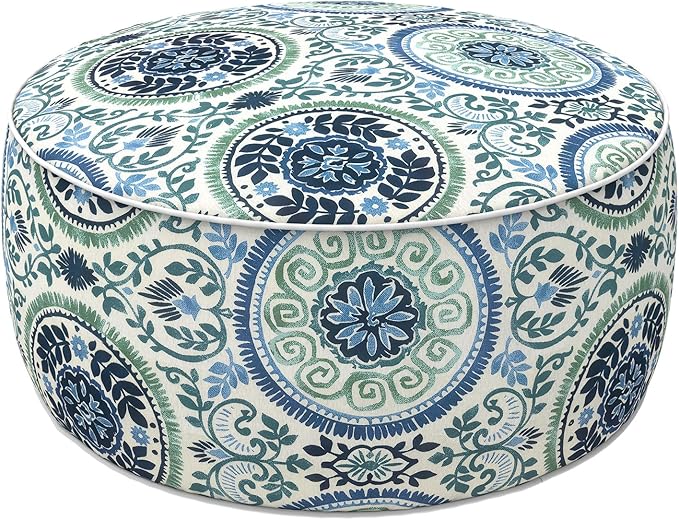 LVTXIII Indoor/Outdoor Inflatable Ottoman with Handle D21 x H9 Inch, Weather-Resistant Round Footstool Pouf for Patio Camping Living Room, Portable Footrest Extra Seating, Coastal Medallion