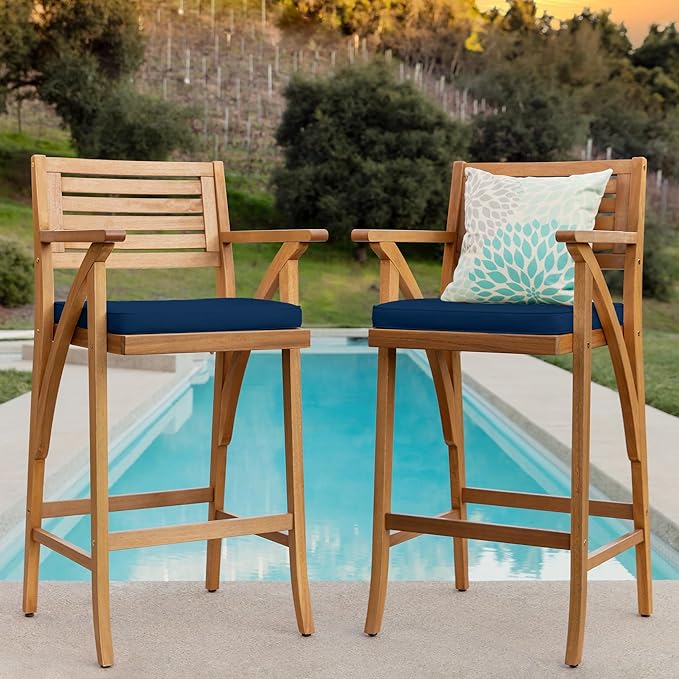 Best Choice Products Set of 2 Outdoor Acacia Wood Bar Stools Bar Chairs for Patio, Pool, Garden w/Weather-Resistant Cushions - Navy