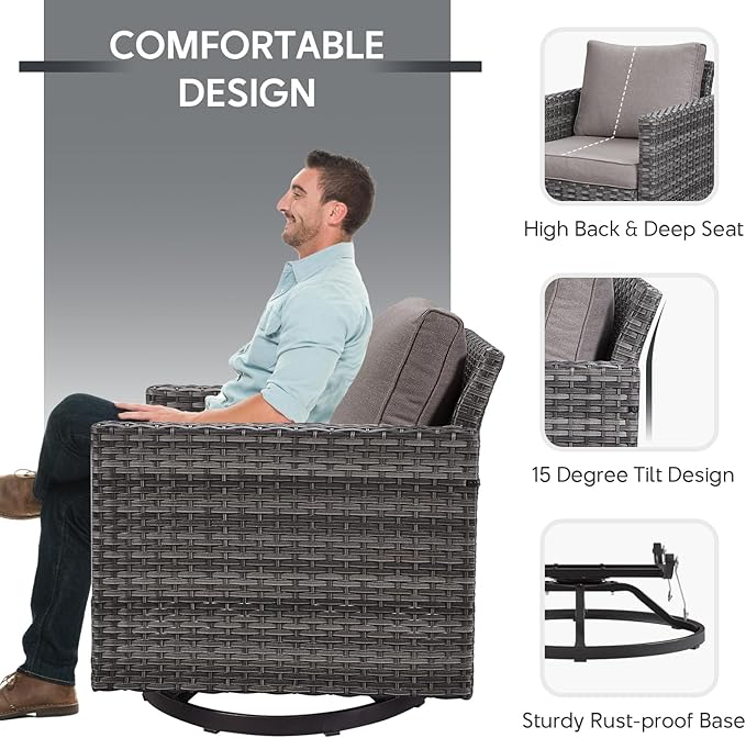 Belord Patio Furniture Set with Fire Pit Table: 9 Pieces Wicker Oversize Patio Conversation Set with Outdoor Swivel Glider Rocker Rattan Couch Ottomans, Anti-Rust Frame, Removable Cushion Grey