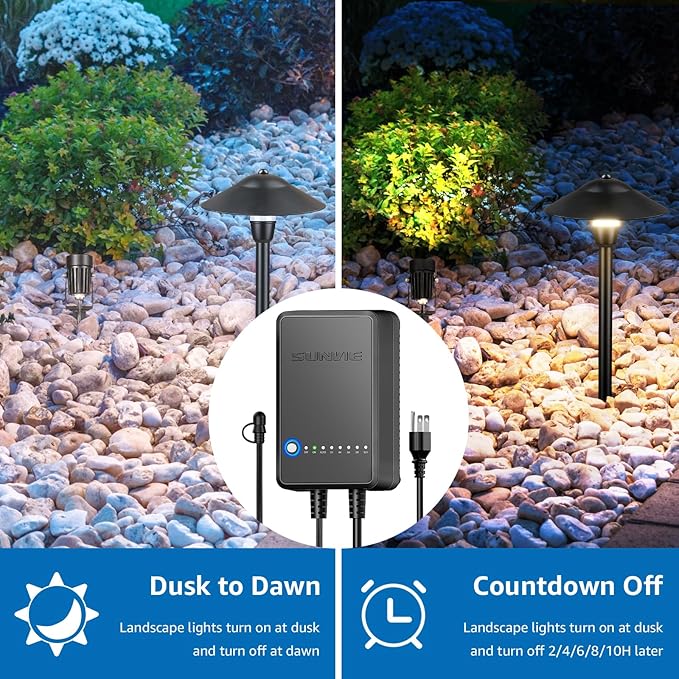 SUNVIE All-in-One LED Low Voltage Landscape Lighting Kit 6 Pathway Lights 2 Spotlights with 60W Photocell Transformer 100FT Wire for Path&Garden, Aluminum, ETL Listed, Dusk to Dawn, Waterproof, 3000K