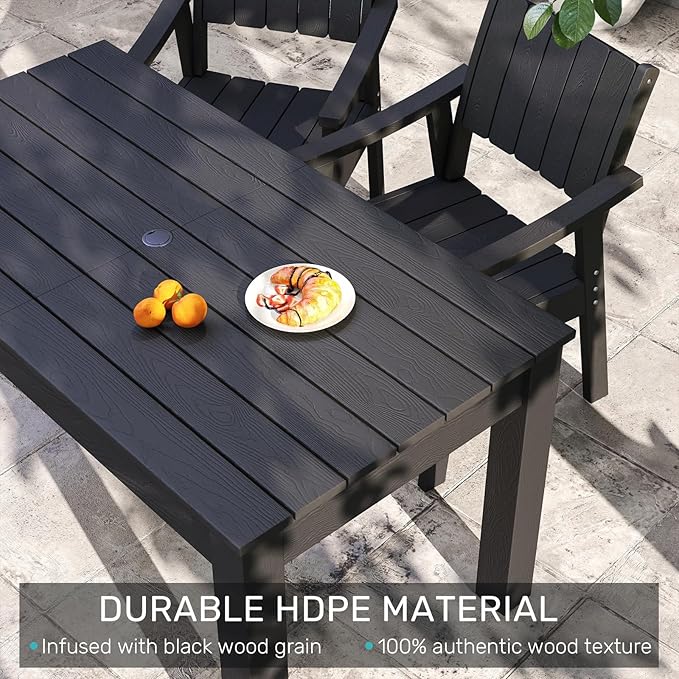 ZHUSI Patio Table and Chairs Set, Outdoor Table and Chairs,HDPE Outdoor Dining Set with Umbrella Hole for Backyard, Poolside, Porch (Black, 7 PC)