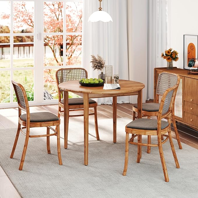 Tangkula 36" Round Outdoor Dining Table for 4, Acacia Wood 4-Person Patio Table with Slatted Tabletop & Adjustable Foot Pads, Indoor Outdoor Dining Furniture for Deck, Garden, Poolside & Backyard