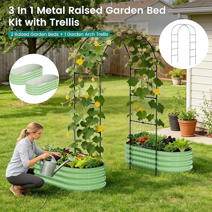 DoCred 3 in 1 Raised Garden Bed with 87in Tall Arch Trellis for Climbing Plants, Galvanized Planter Garden Box Outdoor for Gardening, Climbing Vegetables, Flower, Green