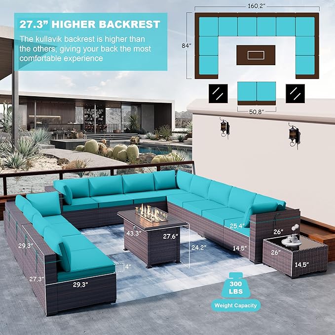 Kullavik 15 Pieces Outdoor Patio Furniture Set with 43" 55000BTU Gas Propane Fire Pit Table PE Wicker Rattan Sectional Sofa Patio Conversation Sets,Blue