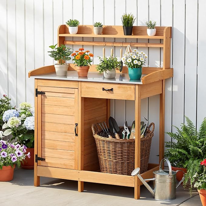 VEVOR Potting Bench Table, 3-in-1 Outdoor Gardening Wooden Workstation with 44 x 19 in Galvanized Iron Tabletop, Garden Work Station with Drawer, Storage Cabinet & Shelves, Hooks for Patio, Backyard