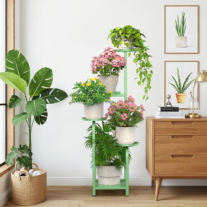 TOSKING 5 Tier Tall Plant Stand Indoor Outdoor, Heavy Duty Corner Shelf for Plants & Decor, Space Saving 3.9FT Metal Flower Pot Stand for Balcony, Garden, Living Room, Patio( Sage Green, 5Tier SQ Base)