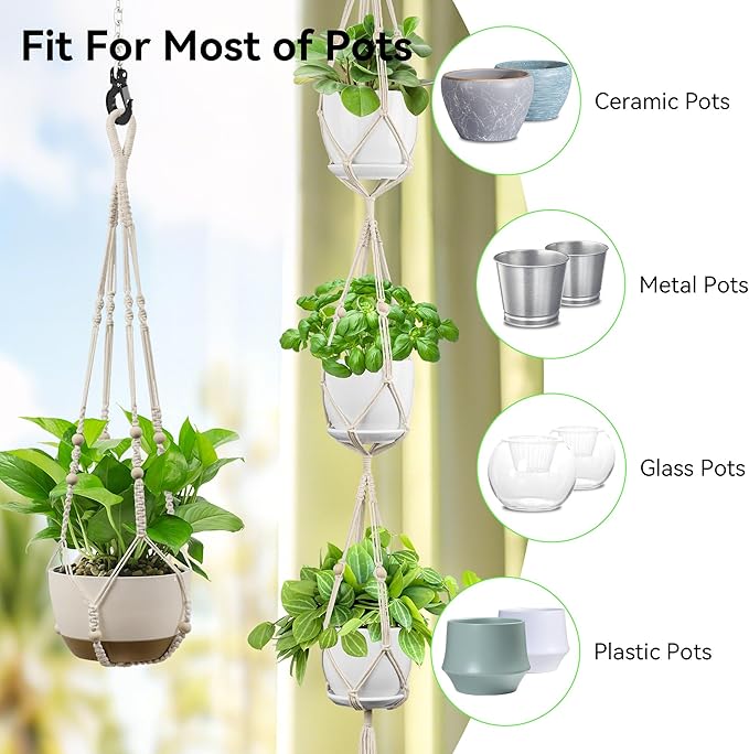 USLAI Macrame Plant Hanger Indoor Outdoor, Fits 4 to 15 Inch Pots, Strong Hanging Planter Holder, Boho Home Decor, 72+35 Inch, Ivory (POTS NOT Included)