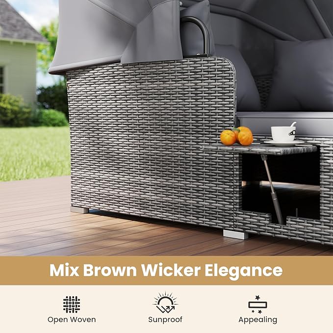 Tangkula Patio Rattan Daybed with Retractable Canopy, Outdoor Wicker Sunbed Lounger with 2 Foldable Side Tables, Thick Seat & Back Cushions, Outside Double Daybed for Garden, Backyard, Porch, Grey
