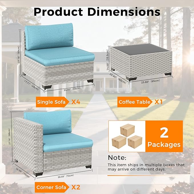 6-Seat Modular Patio Furniture Set – Outdoor Wicker Sectional Sofa with Thick 4″ Cushions, Dual-Strand PE Rattan, Rust-Resistant 18 mm Steel Frame, Backyard Garden Deck Lounge,Blue