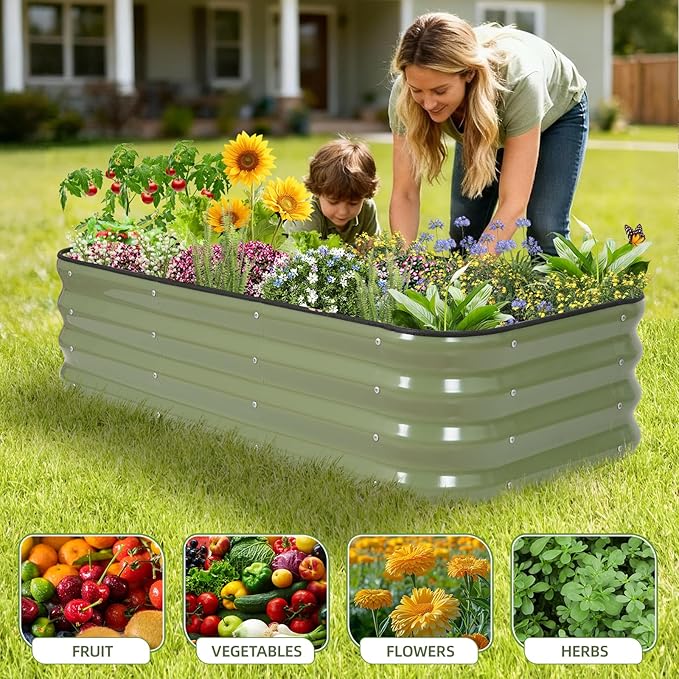 3-in-1 Modular Raised Garden Bed Kit - Adjustable Sizes (4x2x1ft, 3x3x1ft, 5x1x1ft) - Heavy-Duty Galvanized Steel Planter Box with Bracing Rods & Gloves for Vegetables, Fruits, Flowers