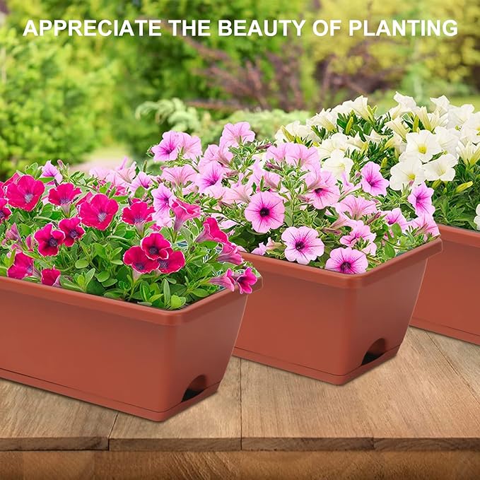 Window Box Planter, 6 Packs 17 Inches Rectangle Planters Box with Drainage Holes and Trays, Vegetable Planters for Windowsill Patio Garden Home Decor Porch Yard Red