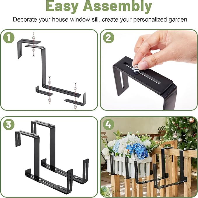 4 Pack Window Box Brackets, No Drill Adjustable Planter Box Brackets, Heavy Duty Deck Railing Planter Holders, Black Metal Flower Pot Hangers for Outdoor Gardens Balconies
