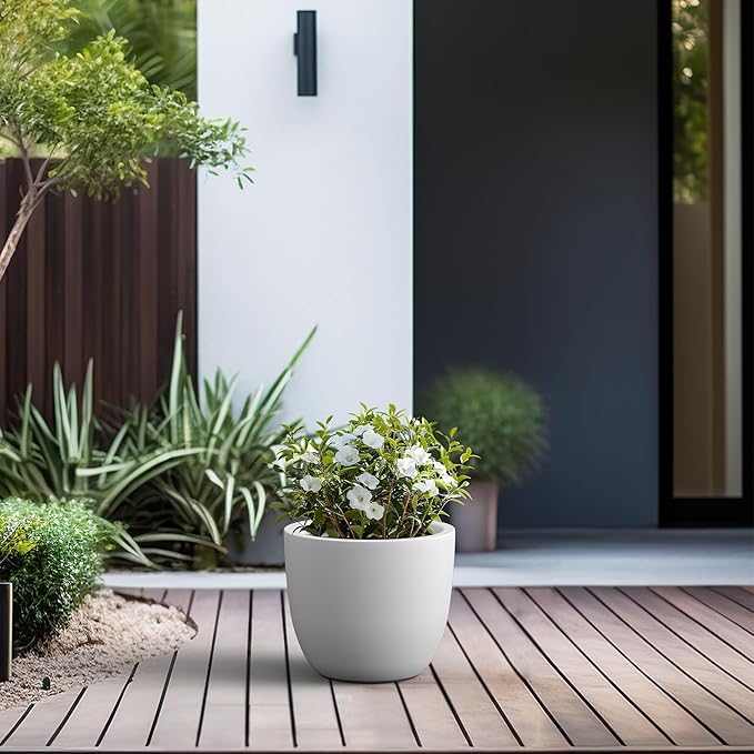 Kante 14 Inch Dia Round Concrete Planter, Indoor Outdoor Large Plant Pot with Drainage Hole and Rubber Plug for Home Patio Garden, Pure White