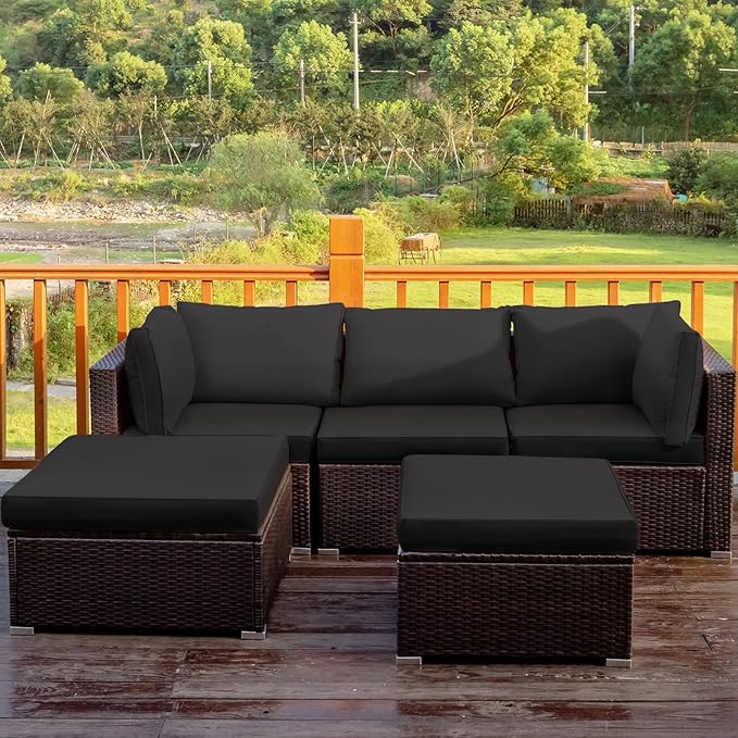 Tangkula 5 Piece Patio Rattan Furniture Set, Outdoor Sectional Rattan Sofa Set with Back & Seat Cushions, Wicker Conversation Set with Tempered Glass Table for Backyard Porch Poolside (Black)