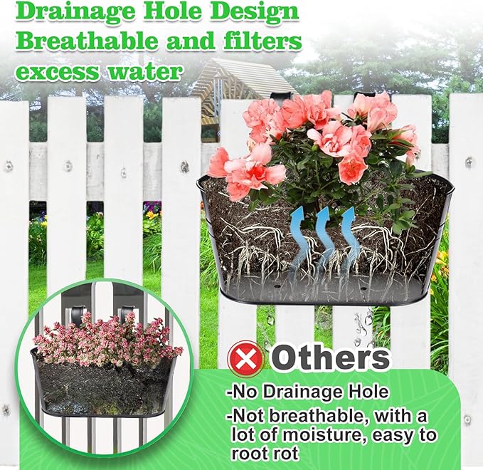 MADHOLLY Railing Planter with Drainage Holes - 6Pcs Sturdy Bucket Pots for Railing Fence, Countryside Style Metal Flower Pots for Herbs Balcony Garden Yard Decor, Black
