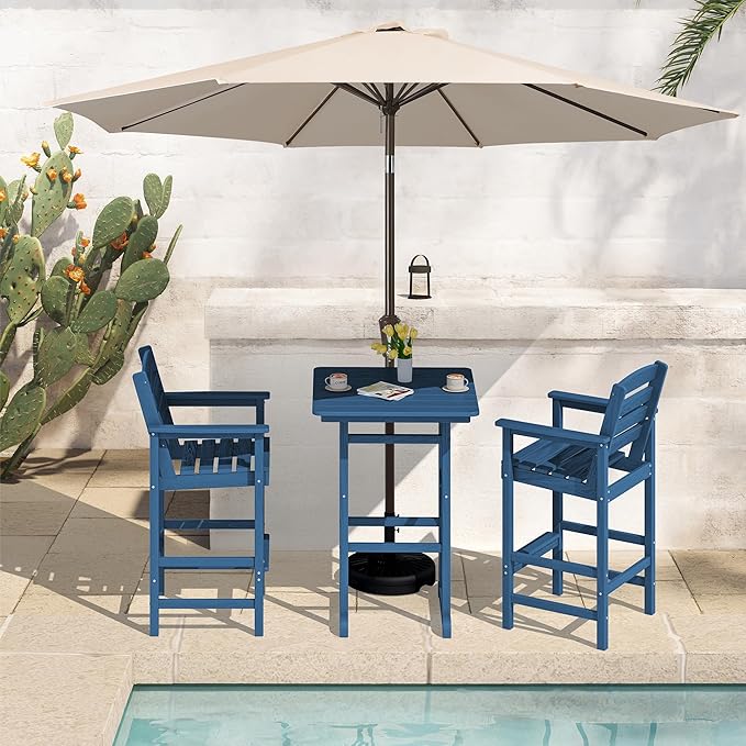 SERWALL 4 Pieces Outdoor Patio Bar Set with 9ft Umbrella, Outdoor HDPE Barstool and Table Furniture Set with Patio Umbrella, Blue