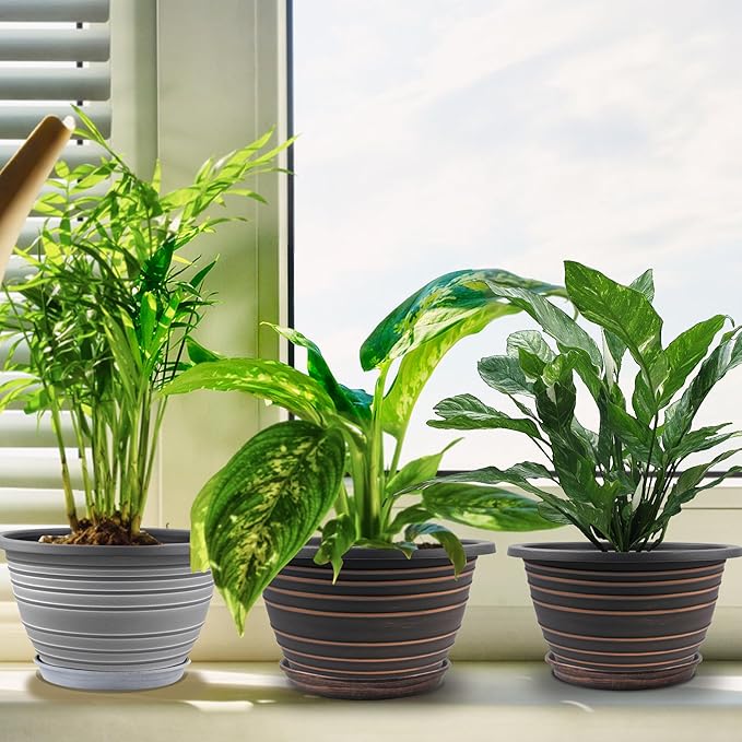 Large-Planter-Indoor-Outdoor Plant Pots, 12 inch 3 Pack Plastic Flower Pots with Saucer and Drainage Holes, Retro Antique Imitation Decorative Garden Containers Sets for Houseplant