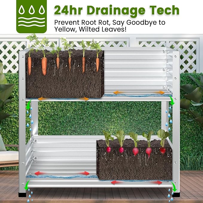 2-Tier Galvanized Raised Garden Bed with Legs, 36"x16"x36" Metal Elevated Planter Box (12" Top/8" Bottom Depth), 500LB Capacity for Vegetables, Herbs, Leafy Greens, Flowers on Patio Yard