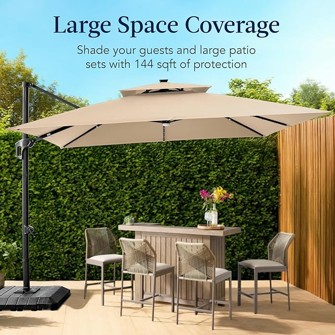 Best Choice Products 12x12ft LED Cantilever Patio Umbrella w/Base Included & 360° Rotation, Large Solar Offset Hanging Outdoor Sun Shade for Deck, Backyard Table w/Stand & Lights – Sand
