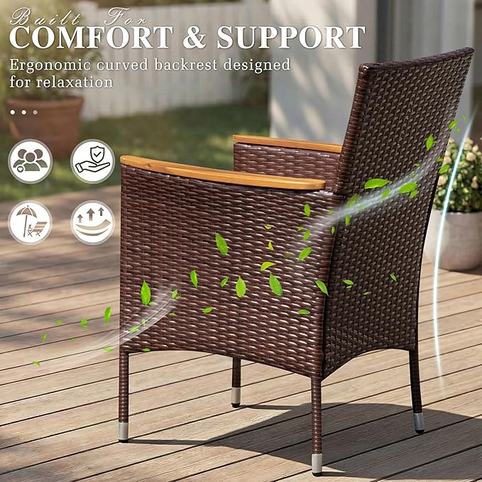 Devoko Outdoor Patio Dining Sets 9 Pieces Wicker Outdoor Dining Table and Chairs Set with Acacia Wood Table Top and Widened Armrests for Backyard, Garden, Deck (Brown)