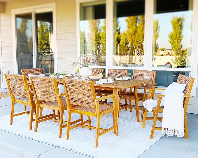 PHI VILLA 9 Pieces Acacia Wood Outdoor Dining Set for 8, Teak Rectangle Wooden Table & Chairs with Wicker Seat and Back, Farmhouse Dining Furniture Set for Patio, Deck, Yard, Porch