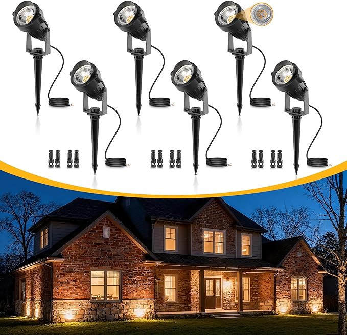 L LOHAS LED 5W Low Voltage Landscape Lighting, 12V 24V Outdoor Spot Lights with Connectors, IP66 Waterproof 3000K Warm White Plug in Spotlights for Yard, Garden, Pathway, House (6 Pack)