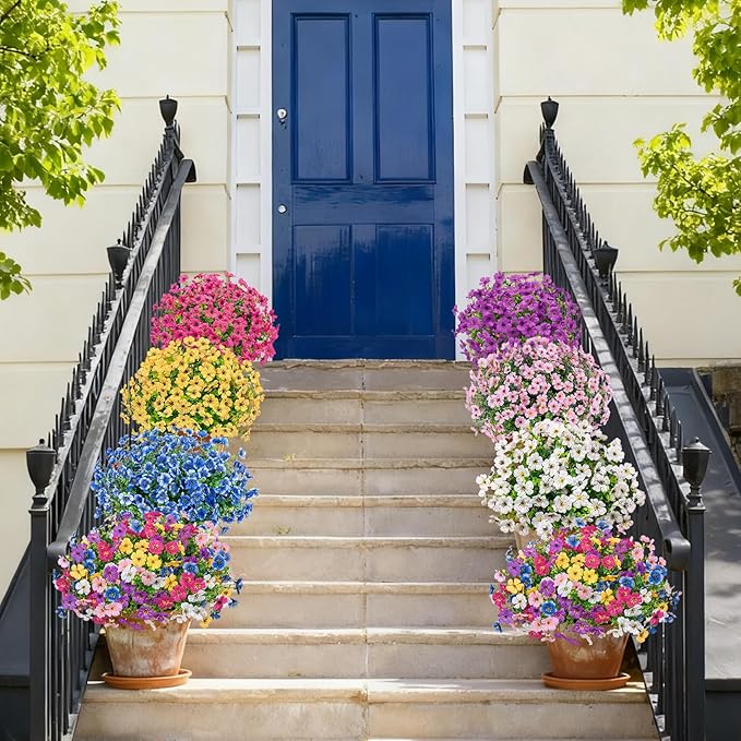 Bassion Artificial Flowers for Outdoors, 24 Bundles UV Resistant Fake Flowers Realistic Silk Faux Plants for Outdoor Planter Window Box Porch Patio Garden Home Outside Decorations