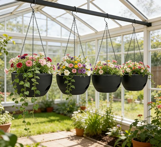 Set of 2-8 Inch Self Watering Hanging Planters for Indoor Outdoor，Hanging Plant Pots with Drainage & Removable Tray, Hanging Pots Holder for Ivy, Pothos, Ferns, Balcony & Patio, Black