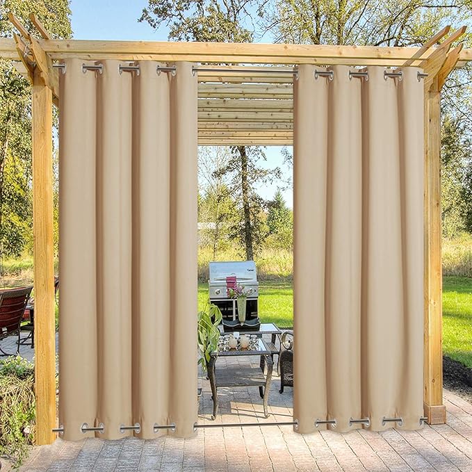 NICETOWN Outdoor Curtain for Patio Waterproof, Sunlight Block Rustproof Grommet Top and Bottom Windbreak, Thick Enough Protect You from Sun/Rain for Deck, Biscotti Beige, 52 Wide x 108 Long, 1 Piece