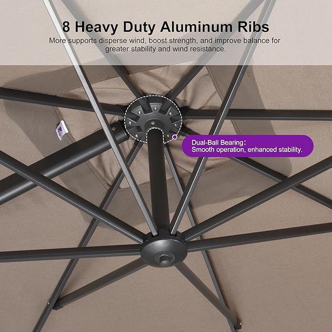 PURPLE LEAF 10' X 13' Rectangle Cantilever Umbrella with Base Outdoor Large Aluminum Patio Umbrella with 3-Year Fade Resistance Recycled Fabric and 360-degree Rotation for Deck Pool Garden, Ash Mocha