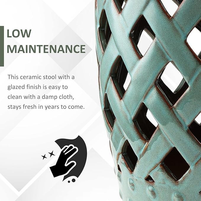 Outsunny 13" x 18" Ceramic Garden Stool with Woven Lattice Design & Glazed Strong Materials Decorative Outdoor Stool, Antique Blue
