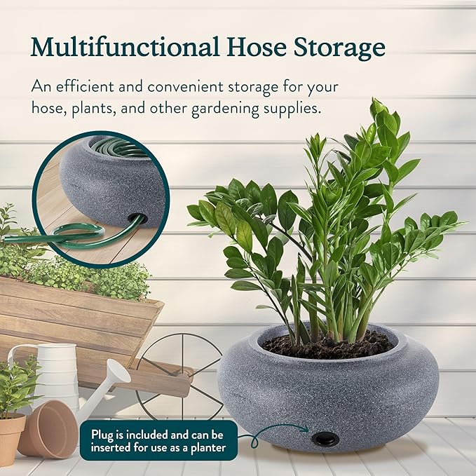 HC Companies Versatile 21 Inch Round Natural Decorative Plastic Outdoor Garden Hose Storage Pot with Side Hole for Faucet Connection, Granite
