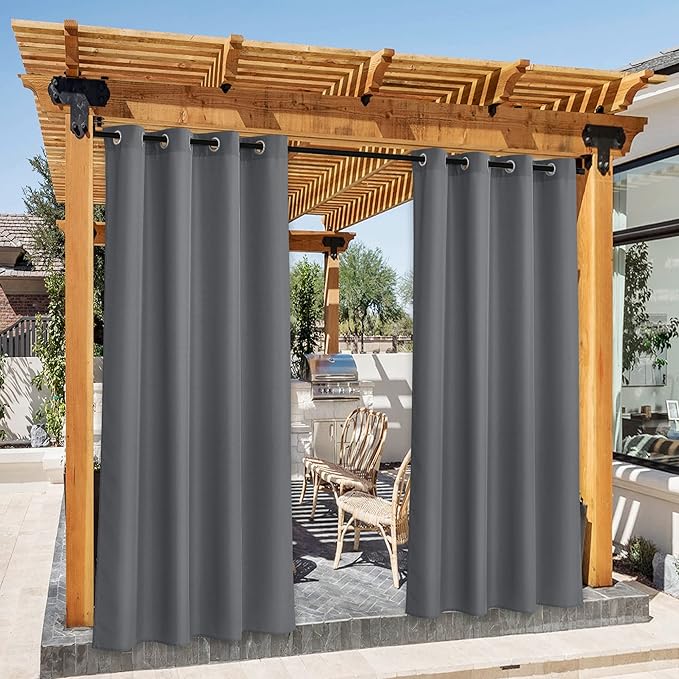 NICETOWN Patio Curtains Outdoor Waterproof 2 Panels, Stainless Steel Ring Top Outdoor Indoor Window Drapes Keep Rain Out for Gazebo/Playground/Porch, W55 x L95 Inch, Grey