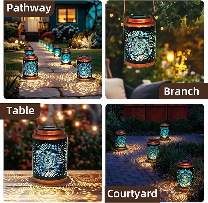 Solar Lanterns Outdoor Hanging Lantern Metal Waterproof LED Lantern with Solar Powered Garden Patio Decorations Decor with Handle Christmas Gift Idea