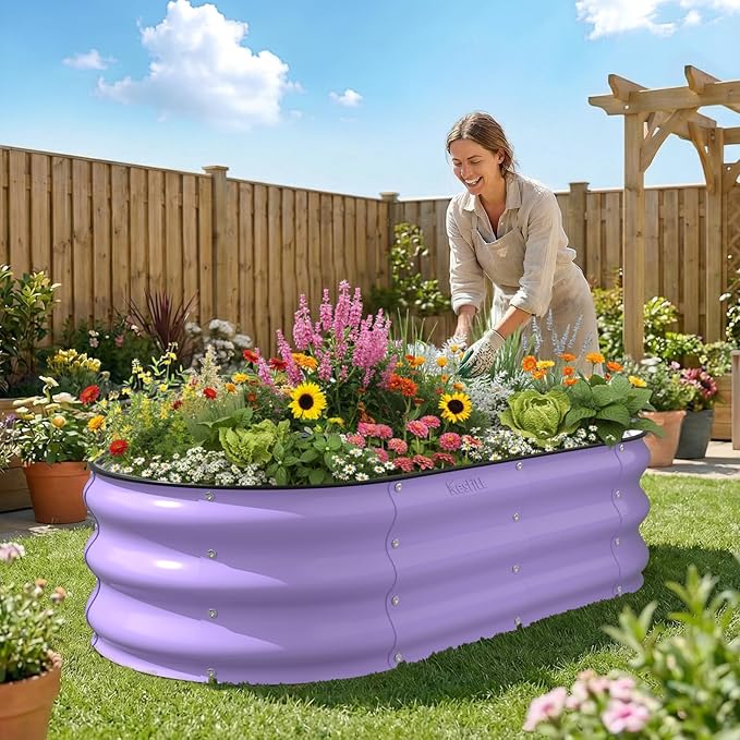 Kesfitt Raised Garden Bed, 4x2x1 FT Galvanized Steel Metal Raised Garden Bed, Oval Open-Bottom Design, 12-Inch Deep for Outdoor Vegetable & Herb Gardening, Lavender Purple