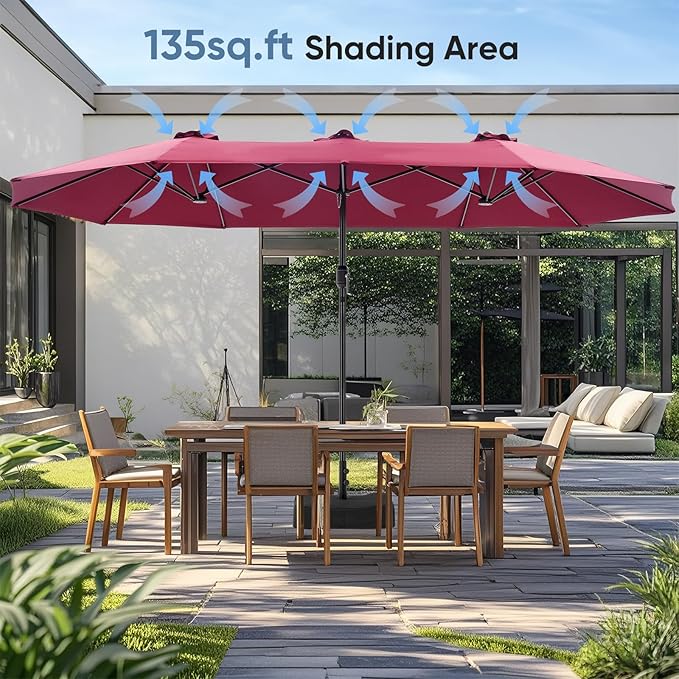 DUMOS 15FT Large Patio Umbrella with Base Included, Heavy Duty Extra Wide Outside Umbrella with 12 Ribbed Bars, Rectangle Outdoor Table Umbrella for Patio, Backyard, Pool, Deck & Garden, Red