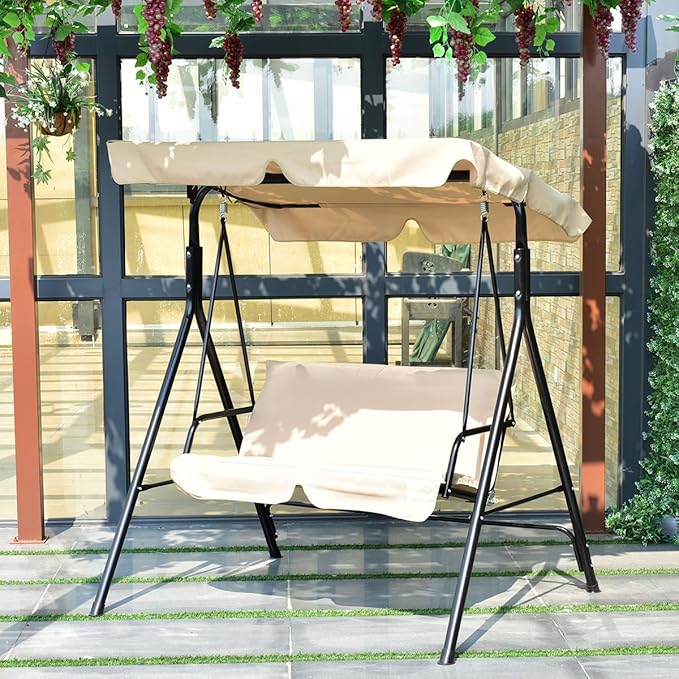 Tangkula 2 Person Porch Swing, Outdoor Swing with Removable Cushions, Solid Steel Structure, Patio Swing with Adjustable Canopy for Porch, Backyard, Garden, Balcony Beige