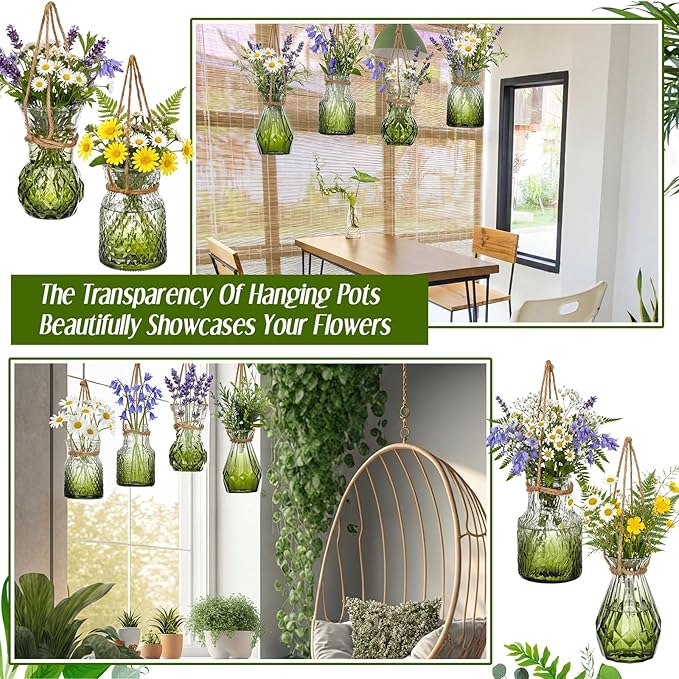 4 Pcs Stained Glass Hanging Vases Hanging Glass Planters Small Plant Terrarium Pot Containers with Rope for Garden Home Indoor Outdoor Decor, 4 Styles (Trendy)