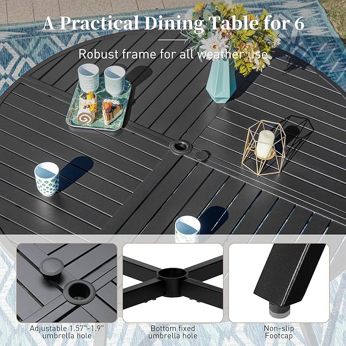 Patio Dining Set 7 Piece, 6 x Woven Rattan Swivel Chairs with Waterproof Cushion, 54” Metal Round Dining Table with Umbrella Hole, Outdoor Table and Chairs Set for Backyard Lawn and Deck,Beige