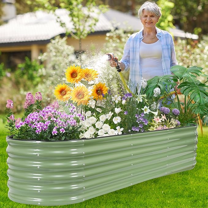 Galvanized Raised Garden Bed - 8×2×1.4ft Planter Raised Beds for Gardening | Oval Metal Garden Planter Box with Safety Edging and Gloves for Vegetables Fruits and Flower OliveGreen