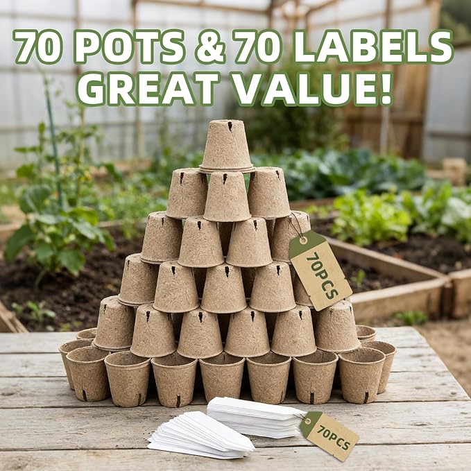70Pcs Biodegradable 3.15” Peat Pots with 70Pcs Plant Labels, Biodegradable Seed Starter Pots with Drainage Holes, Nursery Pots for Seedlings, Herbs, Vegetables, Flowers, Gardening Kit
