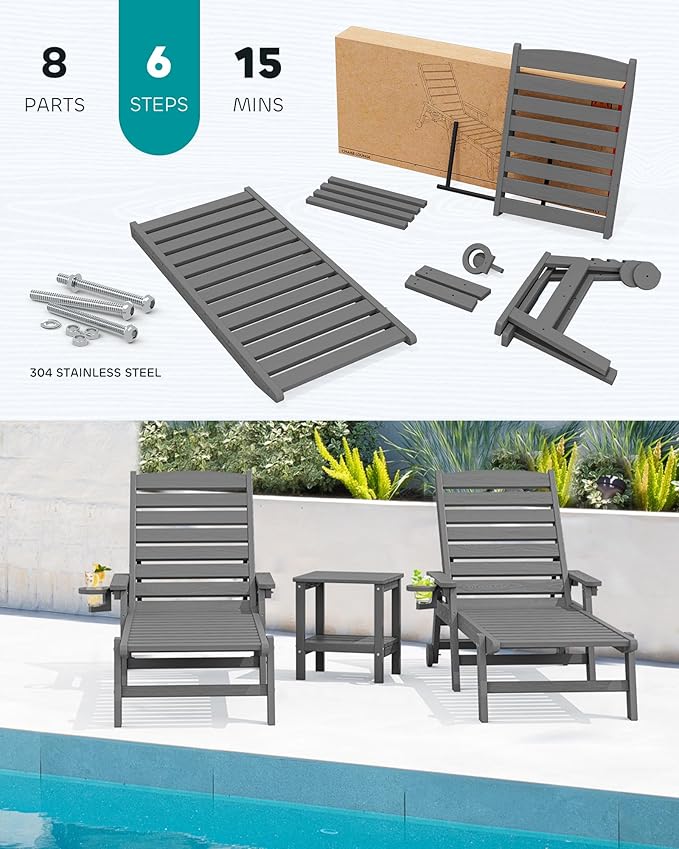 SERWALL Patio Chaise Lounge Chair Set of 2, 78'' Long 5-Positions Adjustable HDPE Outdoor Lounger for Pool, Poly Lounge Chair with Rolling Wheels & Cup Holder for Poolside, Deck, Gray