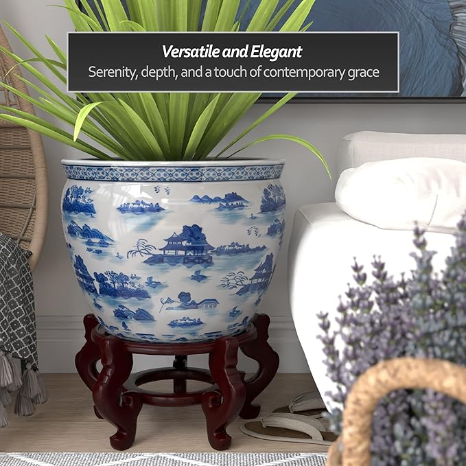 Red Lantern 20" Porcelain Fishbowl Blue & White Landscape Planter
