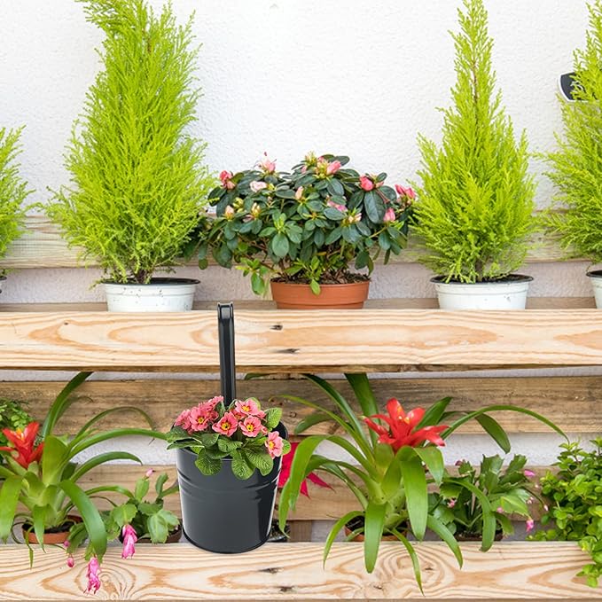 KINGLAKE Flower Pots,10 Pcs Metal Iron Hanging Flower Plant Pots Balcony Garden Plant Planter Baskets Fence Bucket Pot 4'' Flower Holders with Detachable Hook Black