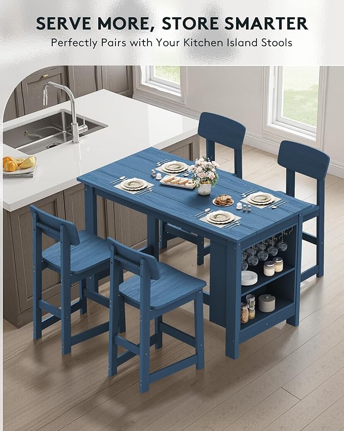 SERWALL 10-Piece HDPE Counter Height Dining Table Sets with Storage and Wine Rack, 2 Rectangular Bar Table with Bar Stools Set of 8 for Garden, Backyard, Kitchen, Blue