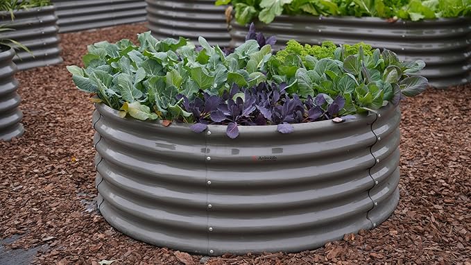 A ANLEOLIFE Set of 14, 18 Inch Tall Raised Garden Beds Kit, Heart-Shaped, Large Oval & Round Metal Planters – Ideal for Backyard Vegetables Flowers Herbs, Quartz Grey