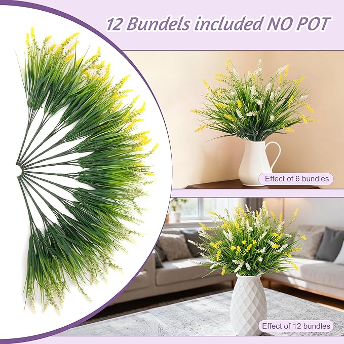 Artificial Faux Plants for Outdoor Spring Decoration, 12 Pcs Fake Monkey Grass for Garden Porch Balcony Planters, Fake Flowers Shrubs UV Resistant No Fade Plants Greenery Bush(Yellow White)
